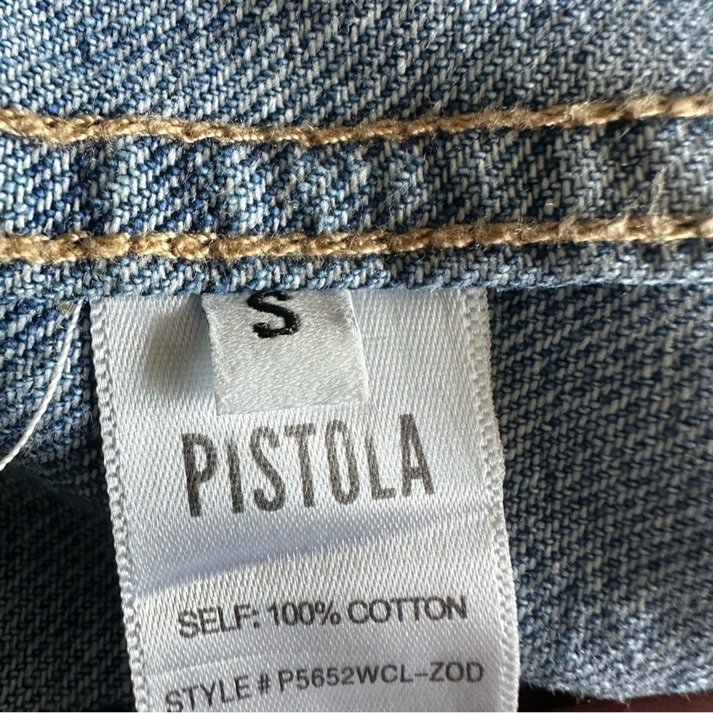 Pistola Brando Star Embroidery Denim Jacket in a light wash with a raw hem. - Picture 7 of 14